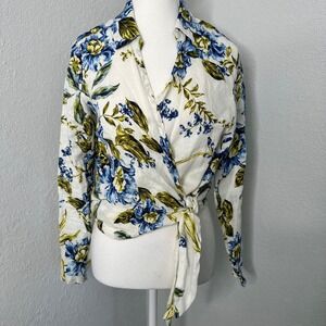 Joie 100% Linen Floral Print faux Wrap Tie Long‎ Sleeve Blouse Top women's small